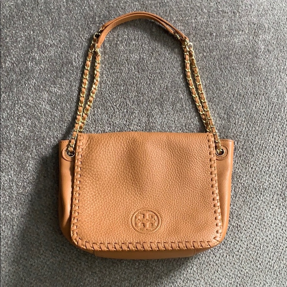 Tory Burch Marion Flap Camel Pebble Leather Purse